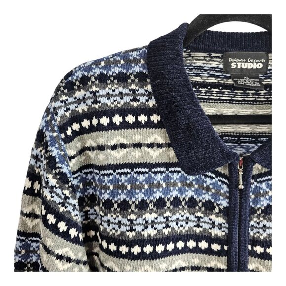 Designer Originals Studio Vintage Knit Zip Up Chenille Blue Cardigan Sweater - Picture 3 of 6